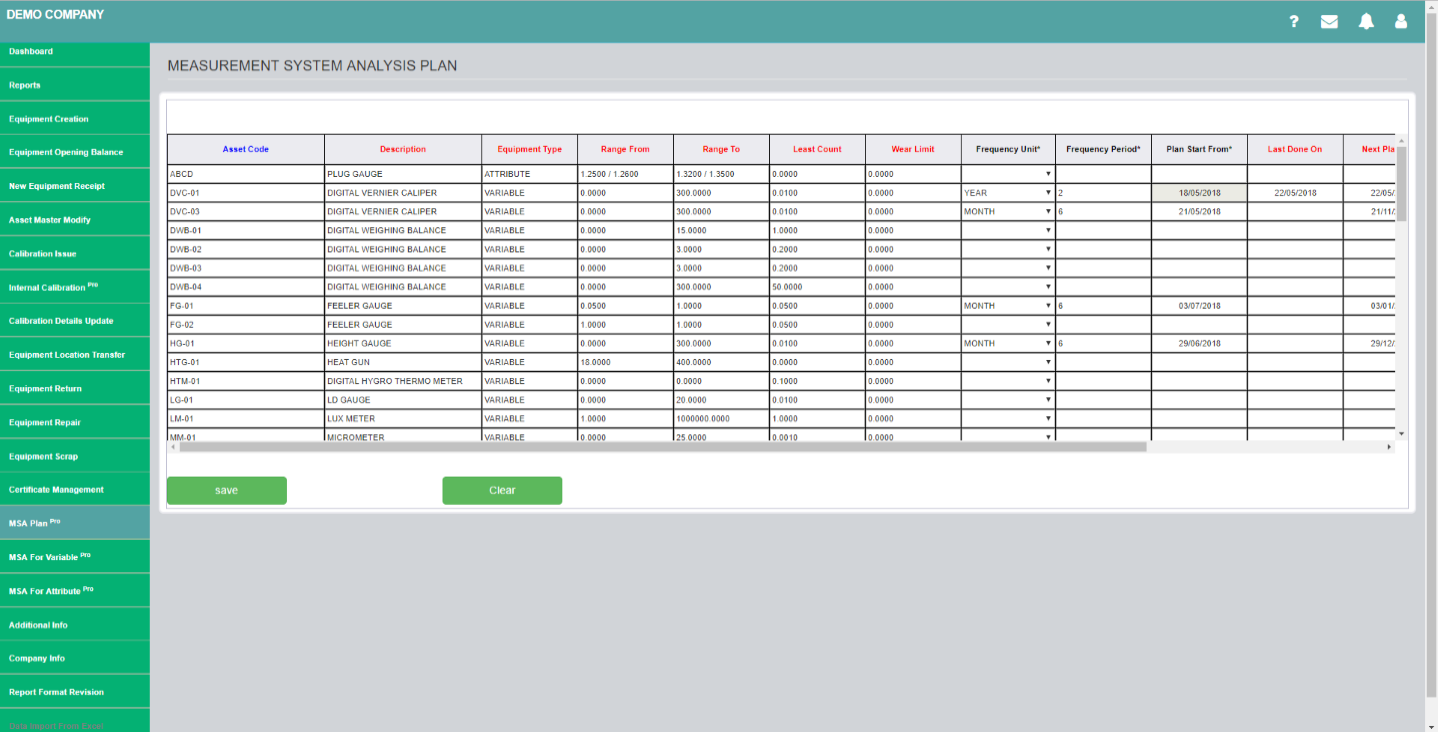 screenshot of ACE Calibration Management System
